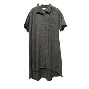 Eileen Fisher 100% Linen Shirt Dress Short Sleeve High Low Button Down Dark Blue